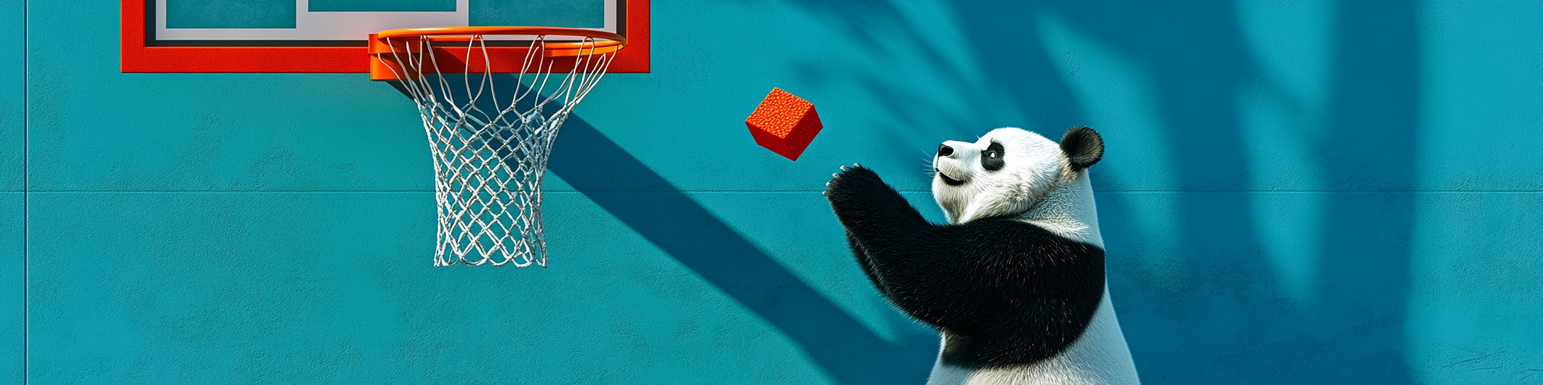 A picture of a panda throwing a 3D-printed calibration cube at a basketball hoop.