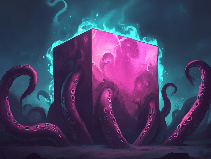 A pink plastic cube, with pink plastic octopus tentacles attached to the cube