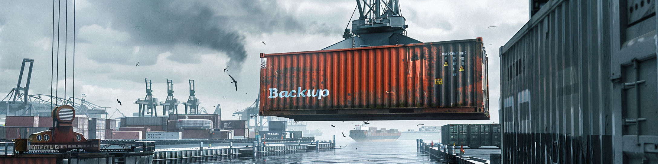 A picture of a cargo container being lifted on a dock. It has the word backup written on the side of it.