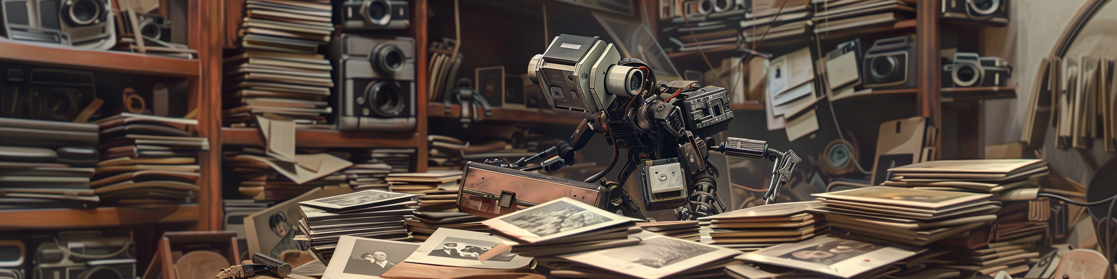 A robot sorting through piles of photos, surrounded by old cameras